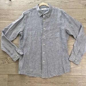 Uniqlo Mens Blue Striped LINEN Button Down Long Sleeve Casual Shirt
